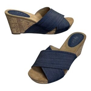 Style & Co Jillee Blue Denim Cross Strap Wedge Slip On Sandals Women’s size 7.5